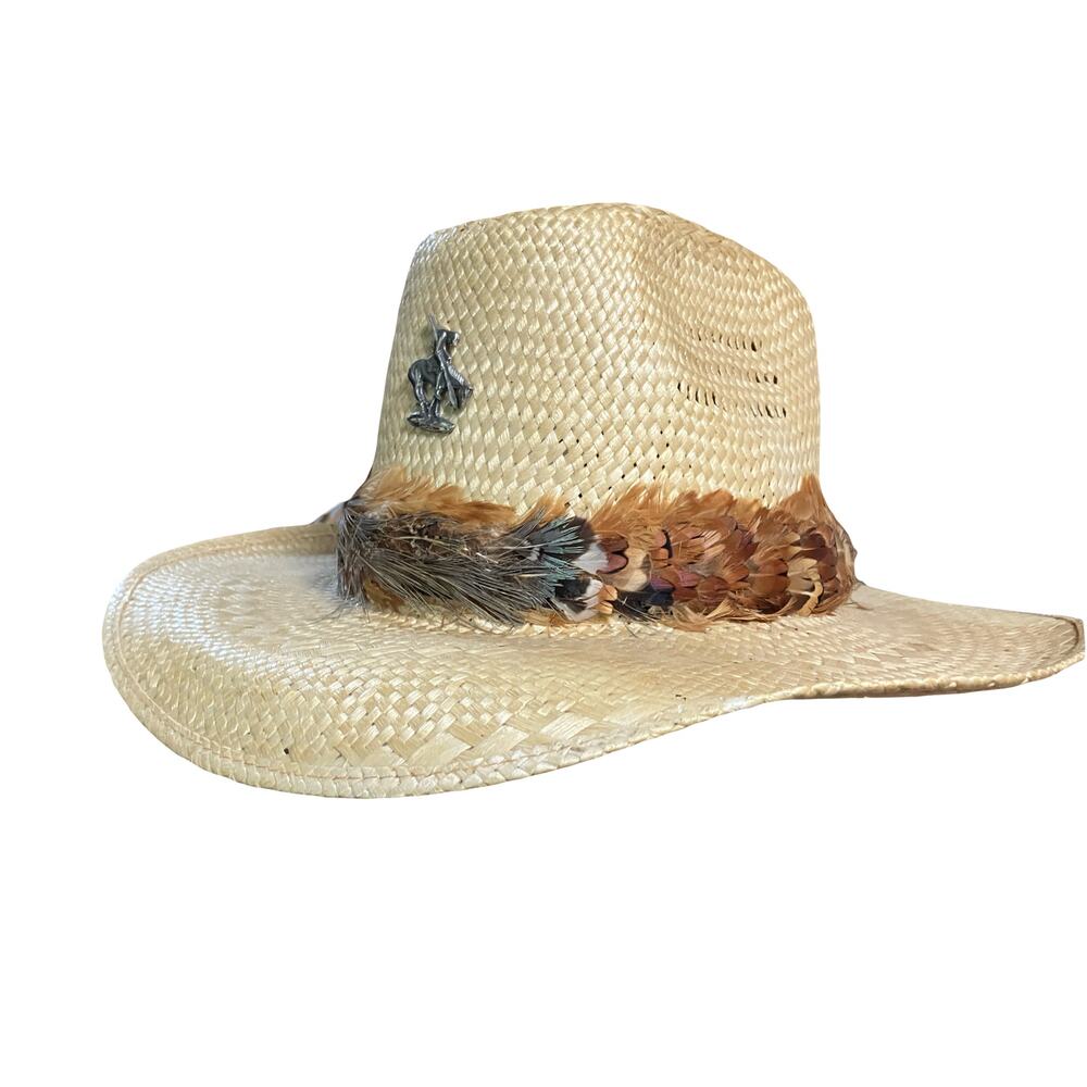 Vintage Bailey URollit 7.5" Straw Hat Feathered Band End of Trail Pin